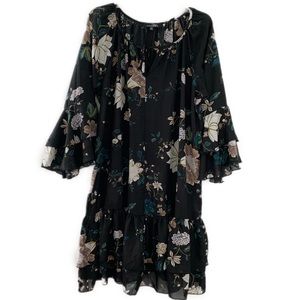 Suzanne Betro Black Floral Bell Sleeve Dress XL
